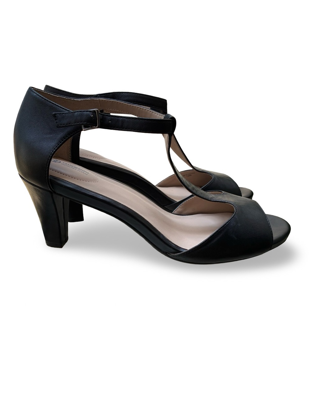 Giani Bernini Black Leather T-Strap Mid Heel Sandals